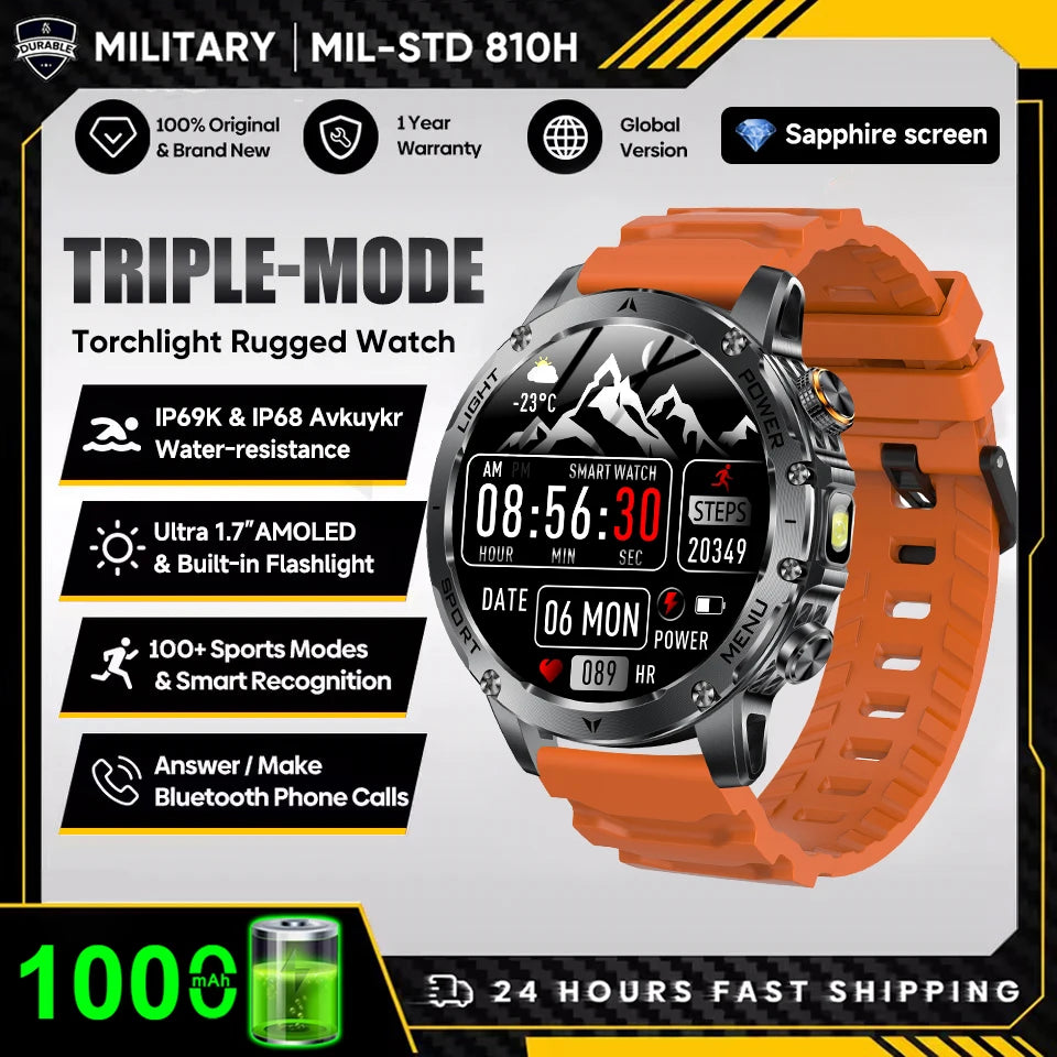 T-Rex 3 Military Smartwatch - 5ATM Waterproof, Heart Rate & Sports Tracker, 1000mAh Battery, Flashlight Feature for Men