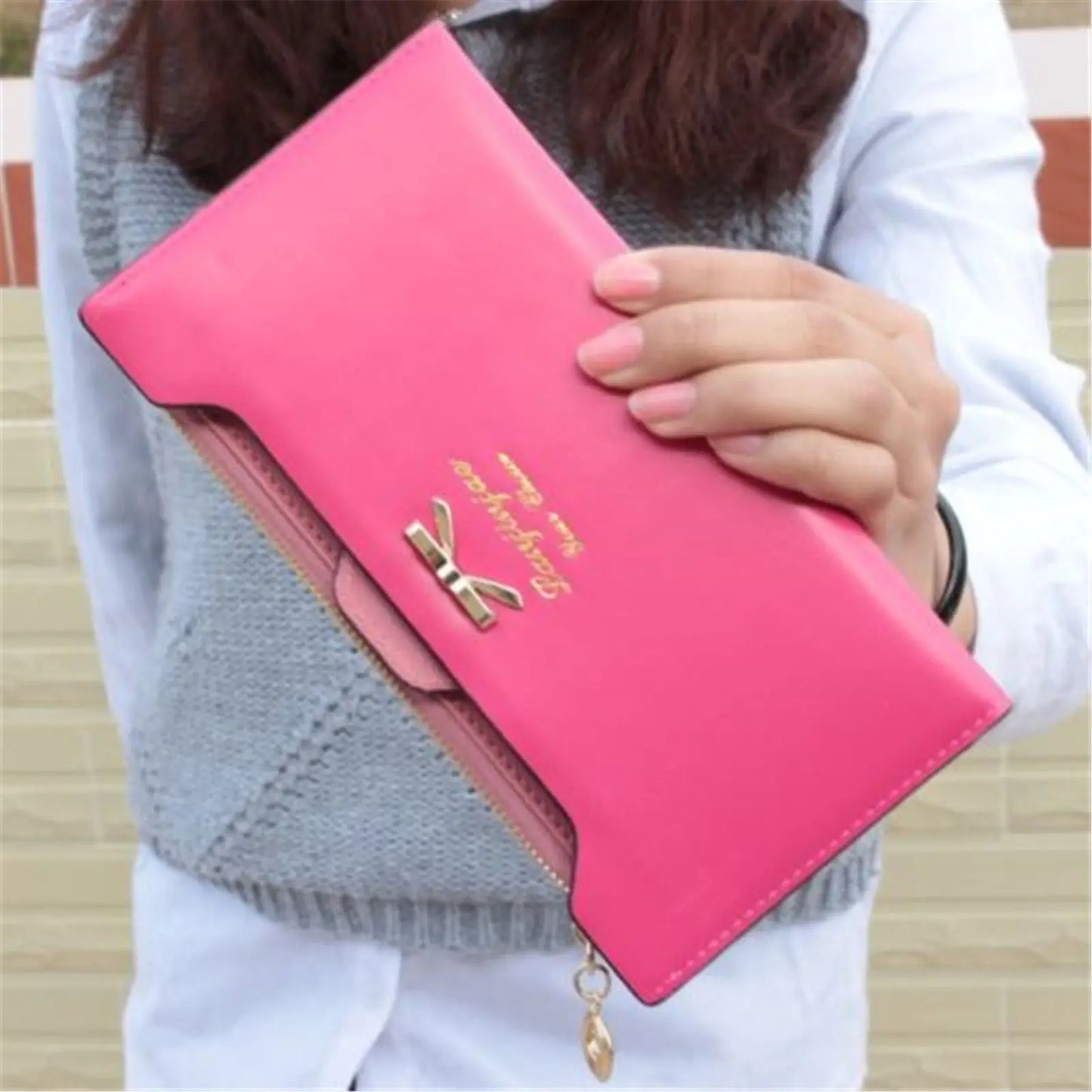Cute Bowknot Long Wallet - PU Leather Zipper Clutch with Multi-Card Slots & Phone Pocket