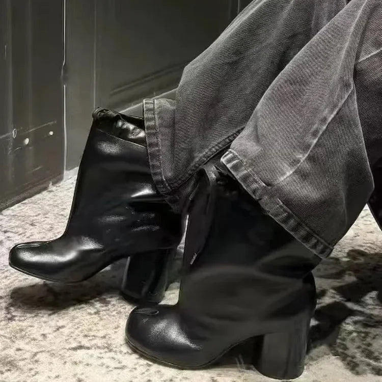 Luxury Designer Women’s Split-Toe Ankle Boots - Fashion Short Booties with Ruffle Detail & Chunky High Heel