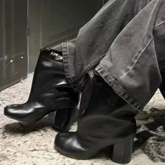 Luxury Designer Women’s Split-Toe Ankle Boots - Fashion Short Booties with Ruffle Detail & Chunky High Heel