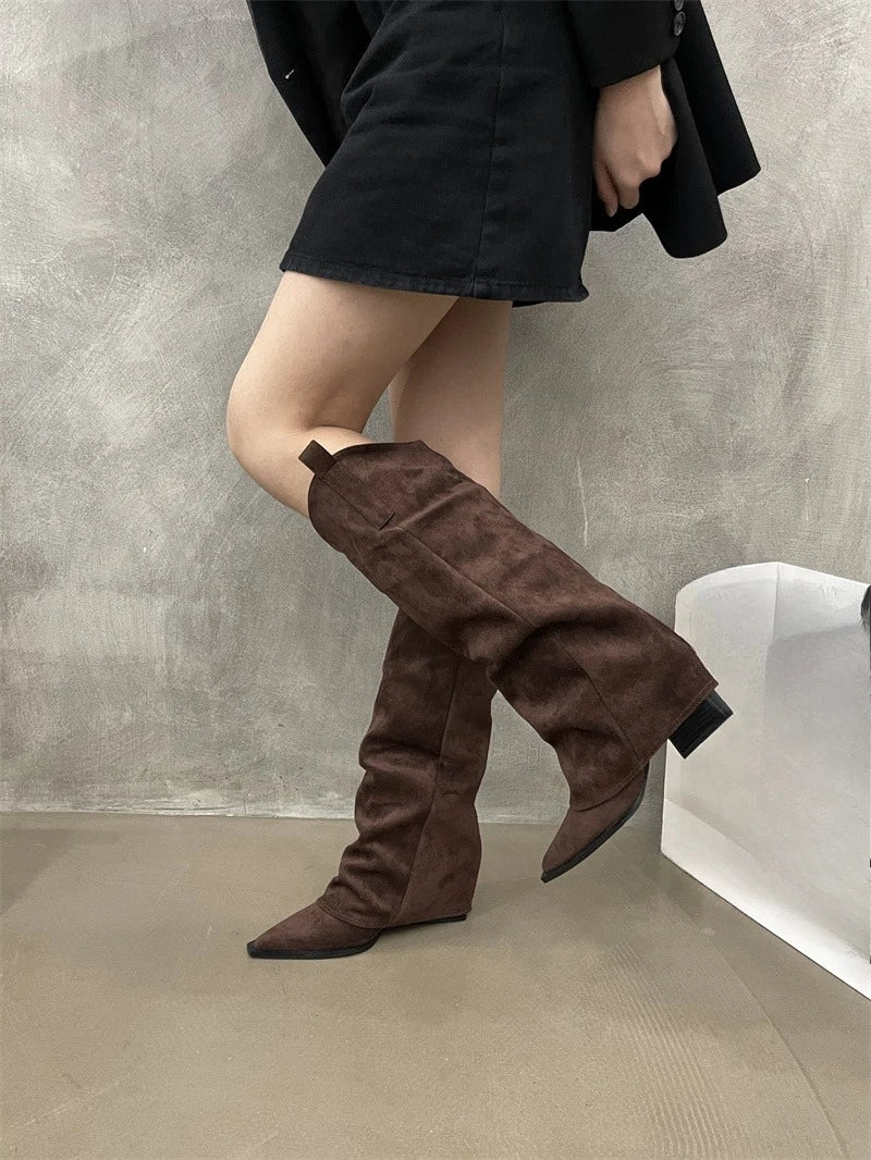 Winter Fashion Women’s Boots – Pointed Toe, Square Heel, Solid Color, Elegant Velvet Warm Shoes