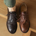 Women’s Cow Leather Lace-Up Oxfords - British-Style Carved Flats, Soft & Comfortable