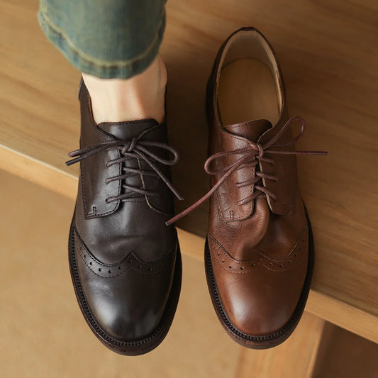 Women’s Cow Leather Lace-Up Oxfords - British-Style Carved Flats, Soft & Comfortable