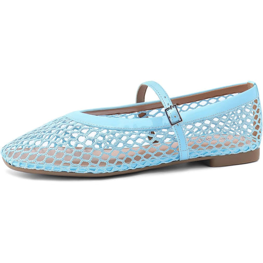 Women’s Mesh Ballet Flats - Comfortable Square-Toe Ballerinas with Buckle Strap