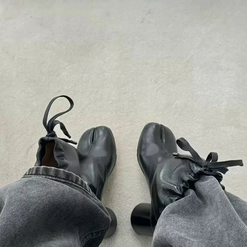 Luxury Designer Women’s Split-Toe Ankle Boots - Fashion Short Booties with Ruffle Detail & Chunky High Heel