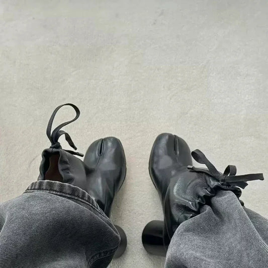 Luxury Designer Women’s Split-Toe Ankle Boots - Fashion Short Booties with Ruffle Detail & Chunky High Heel