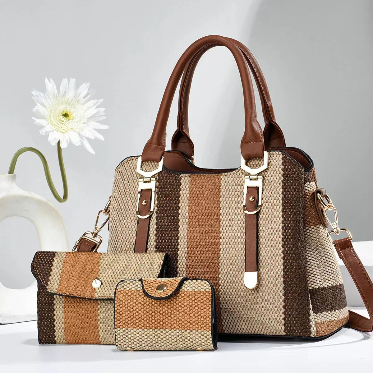 Summer Trio Elegance Set - Striped Tote, Wallet & Crossbody Combo for Women