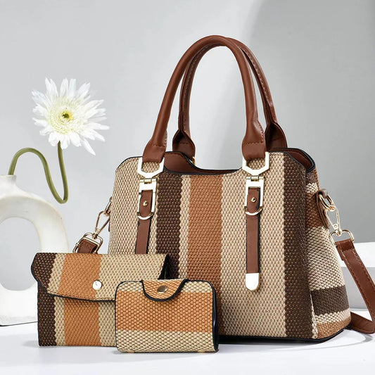 Summer Trio Elegance Set - Striped Tote, Wallet & Crossbody Combo for Women
