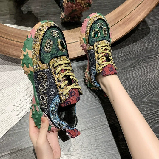 Women’s Designer Mesh Sneakers - Luxury Diamond Sports Shoes, Breathable Casual Thick-Soled Shoes