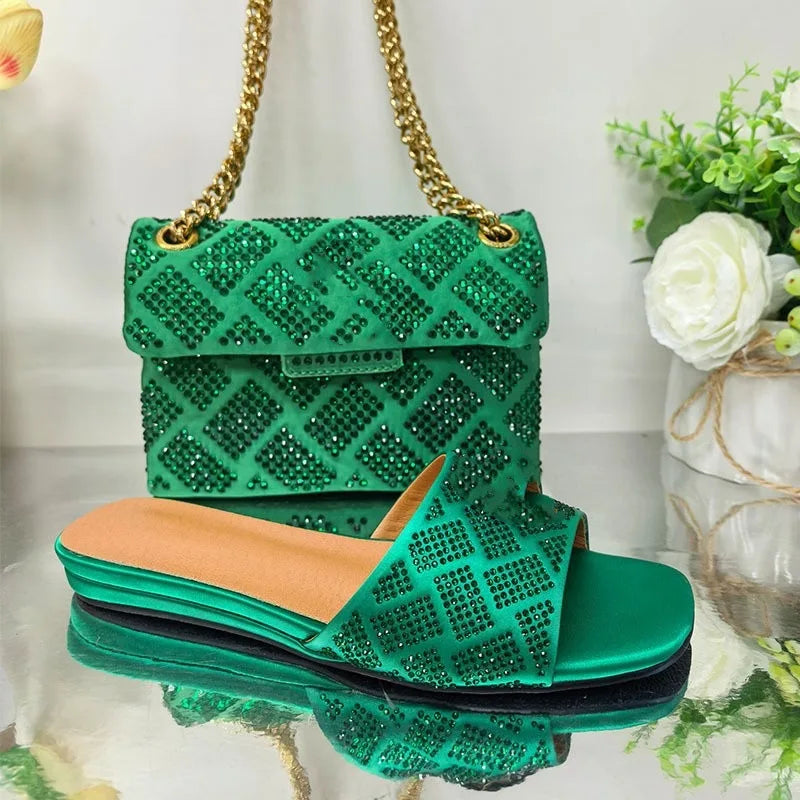 Women’s Rhinestone Flat Slippers - Peep Toe Square Toe Slip-On Sandals with Metal Decoration