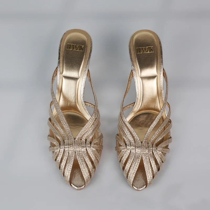 New Gold Hollow Thin Strap Heels - Luxury Women’s Pointed Toe Stiletto Mules, Office & Summer Party Pumps