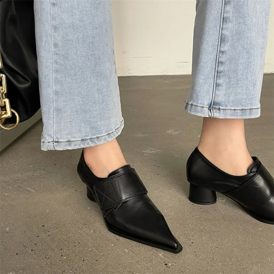 Office Women’s Pumps - Retro PU Leather, Pointed Toe, Chain Detail, Mid-Thick Heels