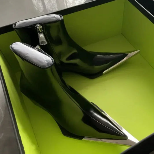 Luxury Designer Chelsea Boots for Women - Pointed Toe Black Ankle Boots with Chunky High Heel & Metal Toe Decoration