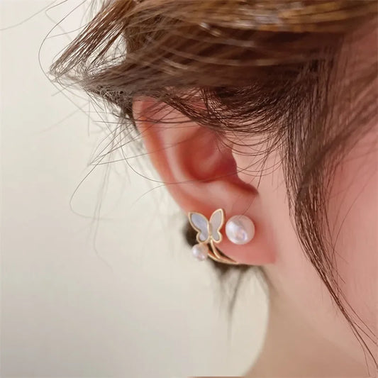 Korean Vintage Pearl & Crystal Earrings - Luxury Zircon Flower, Butterfly & Leaf Studs for Women