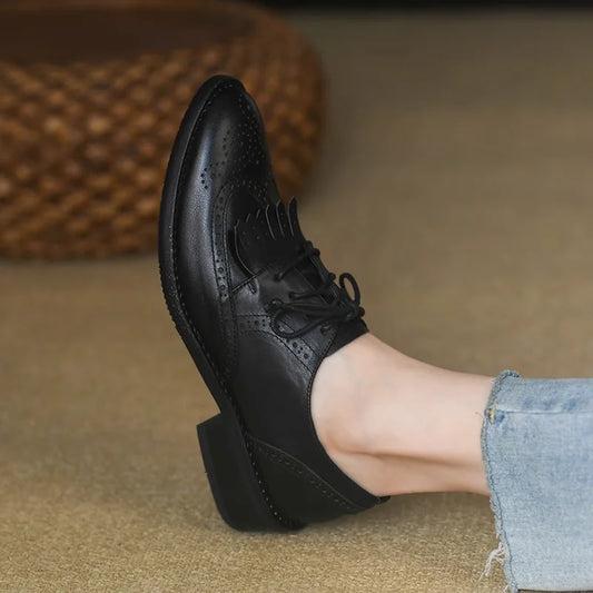 British-Style Fringe Oxfords - Vintage Cowhide Lace-Up Brogues for Women, Low Heel Flats