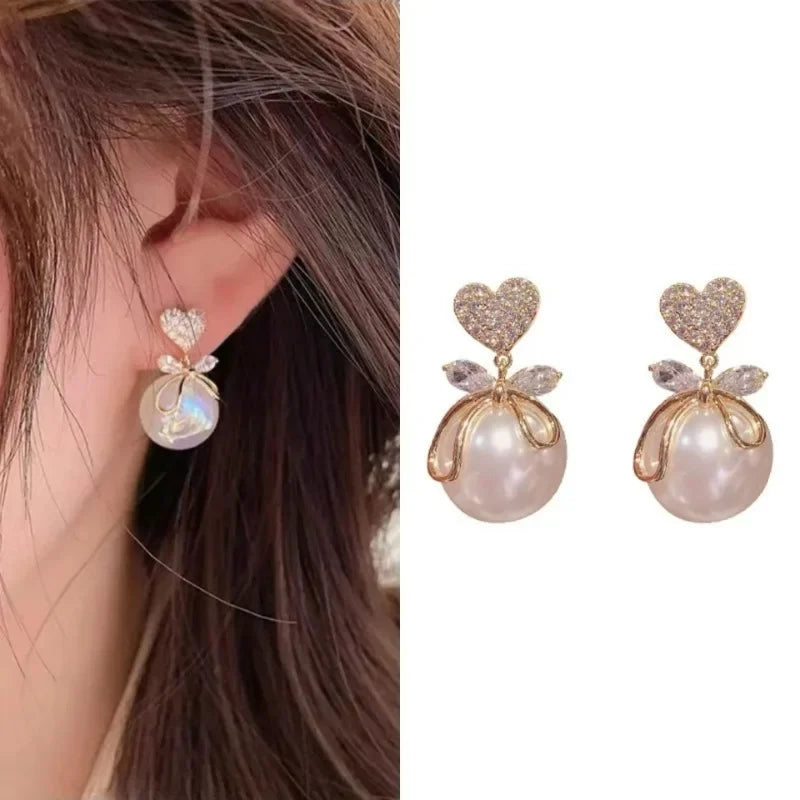 Korean Vintage Pearl & Crystal Earrings - Luxury Zircon Flower, Butterfly & Leaf Studs for Women