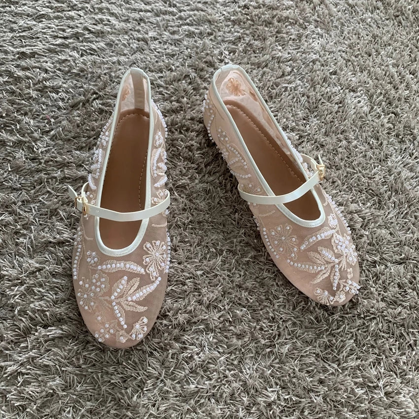 Mesh Embroidered Mary Jane Flats – Women’s Beaded Breathable Ballet Shoes with Low Heel