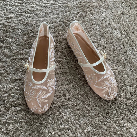 Mesh Embroidered Mary Jane Flats – Women’s Beaded Breathable Ballet Shoes with Low Heel