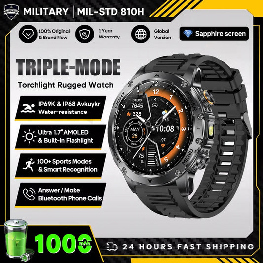 T-Rex 3 Military Smartwatch - 5ATM Waterproof, Heart Rate & Sports Tracker, 1000mAh Battery, Flashlight Feature for Men
