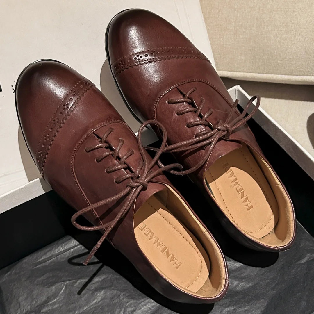 Women’s Cow Leather Carved Oxfords - British-Style Lace-Up Flats, Soft & Comfortable Espadrilles