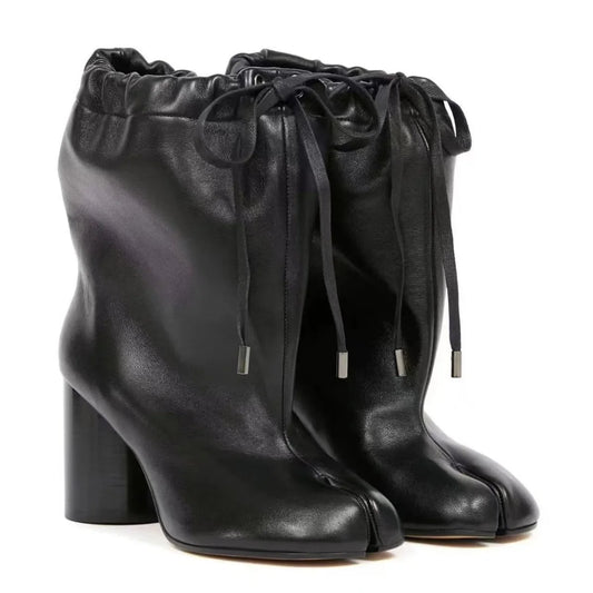 Luxury Designer Women’s Split-Toe Ankle Boots - Fashion Short Booties with Ruffle Detail & Chunky High Heel