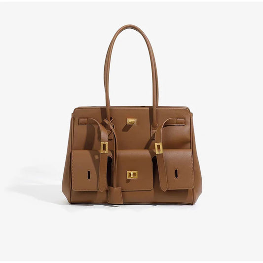 Velvara EliteLock Tote - Premium Leather & Suede Winged Shoulder Bag with Metallic Lock Accents