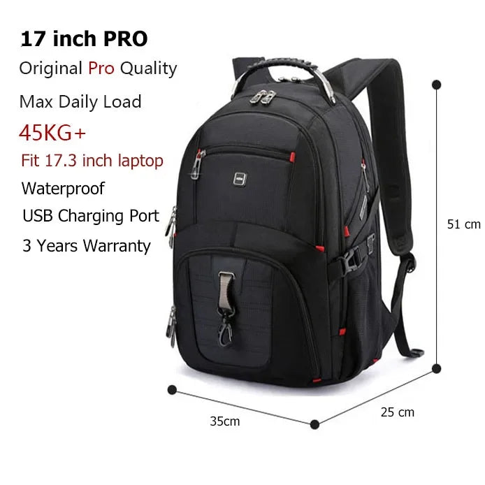 Swiss Multifunctional 17-Inch Laptop Backpack - Water-Resistant Travel & College Bag with USB Charging