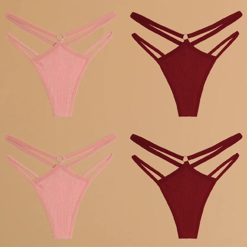 4-Piece Cotton Double-Strap Thong Set - Low-Waist Striped Panties for Women