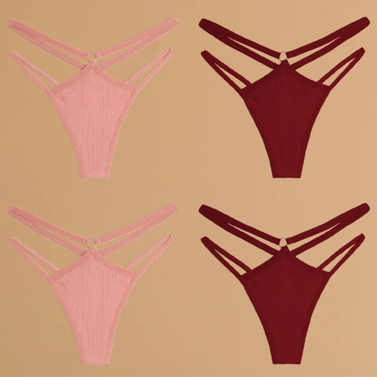 4-Piece Cotton Double-Strap Thong Set - Low-Waist Striped Panties for Women