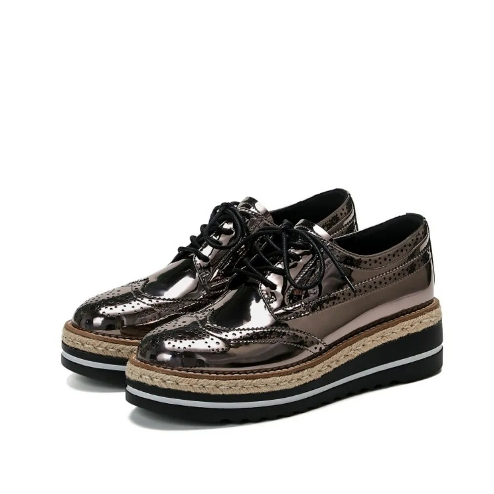 Women’s Derby Platform Flats - Gold Brogue Leather Lace-Up Oxford Shoes