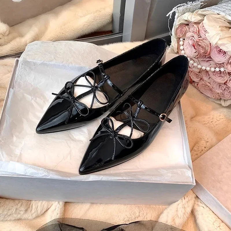 Women’s T-Strap Pointed Toe Flats - Elegant PU Leather Mary Jane Shoes with Bowtie Buckle