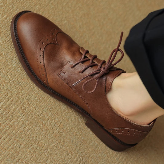 Women’s Cow Leather Lace-Up Oxfords - British-Style Carved Flats, Soft & Comfortable