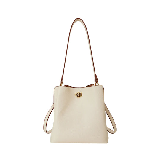 Solterra Chic Bucket Tote - Minimalist Beige Leather Shoulder Bag for Daily Elegance