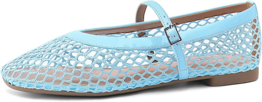 Women’s Mesh Ballet Flats - Comfortable Square-Toe Ballerinas with Buckle Strap