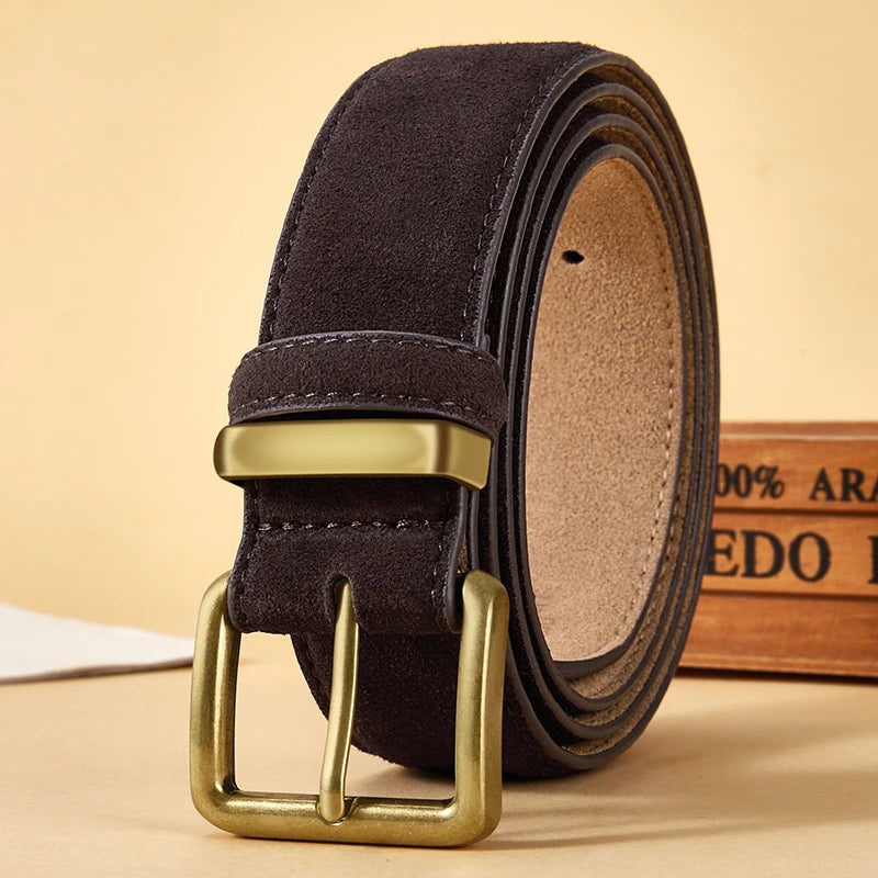 Women’s Luxury Suede Cowhide Belt - Vintage Gold Buckle, 3.5cm Wide Strap for Dresses & Jeans