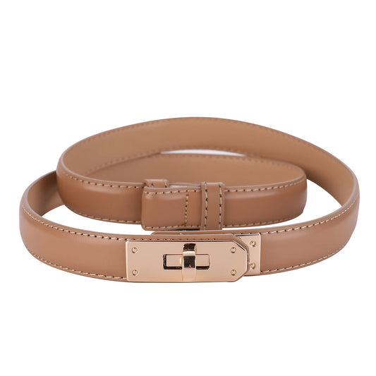 Women’s Leather Belt - Golden Metal Buckle, Luxury Casual Strap for Jeans & Dresses