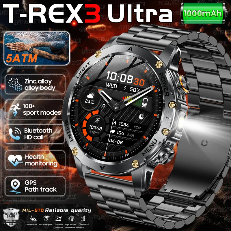 T-Rex 3 Military Smartwatch - 5ATM Waterproof, Heart Rate & Sports Tracker, 1000mAh Battery, Flashlight Feature for Men