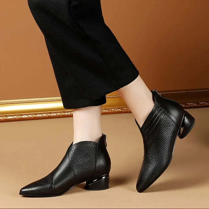 Luxury Women’s Leather Ankle Boots - Pointed Toe Low Heel Sneakers for Autumn Office & Casual Wear