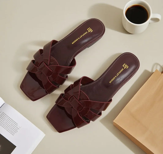 Women’s Genuine Leather Slippers - Square & Open Toe Flats, Fashionable Party and Outdoor Beach Shoes