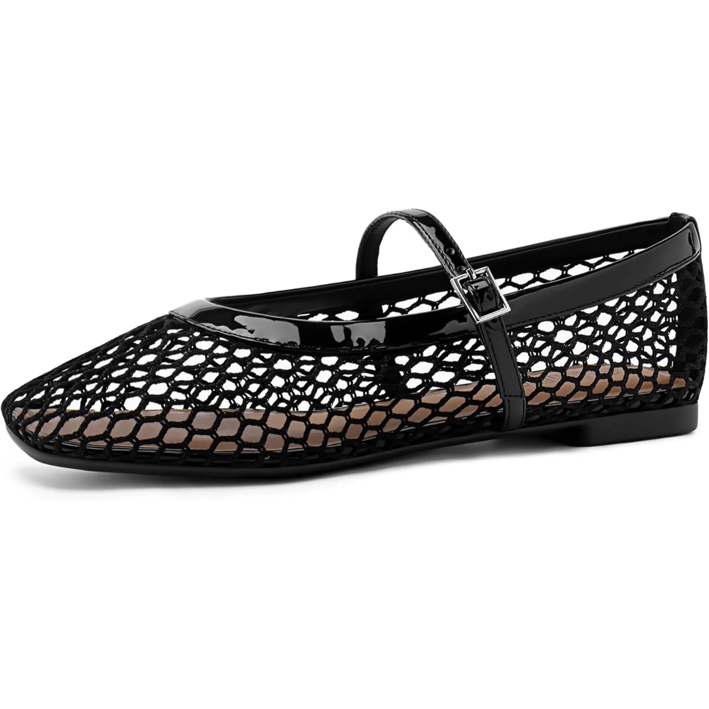 Women’s Mesh Ballet Flats - Comfortable Square-Toe Ballerinas with Buckle Strap