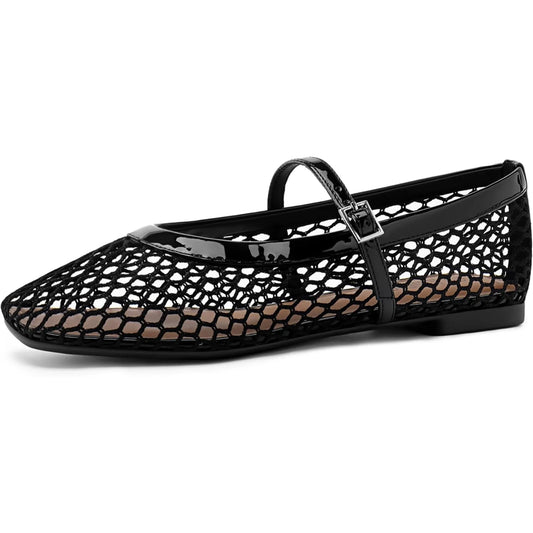 Women’s Mesh Ballet Flats - Comfortable Square-Toe Ballerinas with Buckle Strap