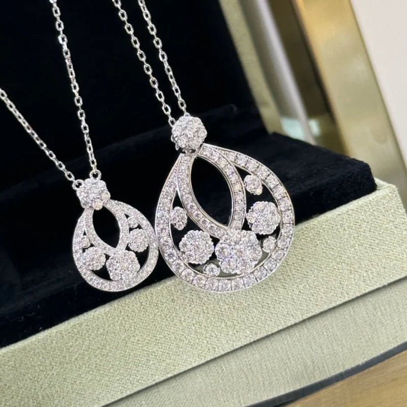 S925 Sterling Silver Snow Hollow Flower & Water Drop Necklace - Light Luxury Diamond-Inlaid Pendant for Women