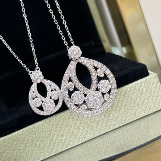 S925 Sterling Silver Snow Hollow Flower & Water Drop Necklace - Light Luxury Diamond-Inlaid Pendant for Women