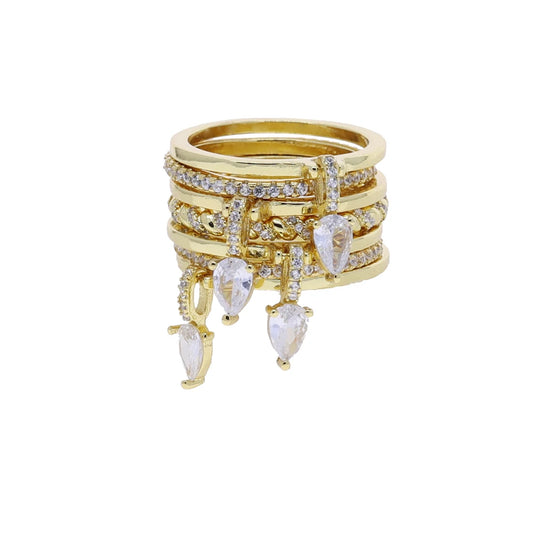 Personalized Water Drop Tassel Link Chain Ring - Gold Color Bling Zirconia Evening Jewelry