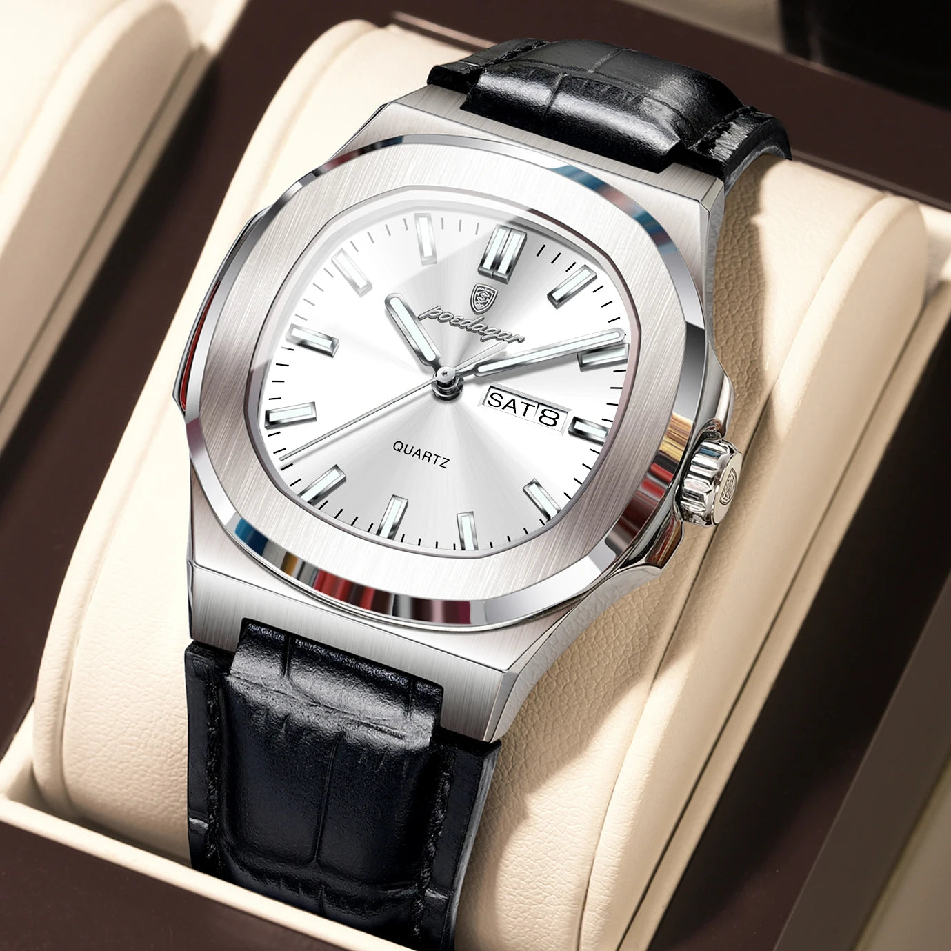 POEDAGAR Men’s Luxury Quartz Watch - Luminous Square Timepiece, Waterproof Week Calendar, Premium Leather Strap