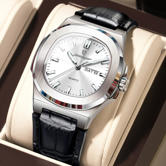 POEDAGAR Men’s Luxury Quartz Watch - Luminous Square Timepiece, Waterproof Week Calendar, Premium Leather Strap