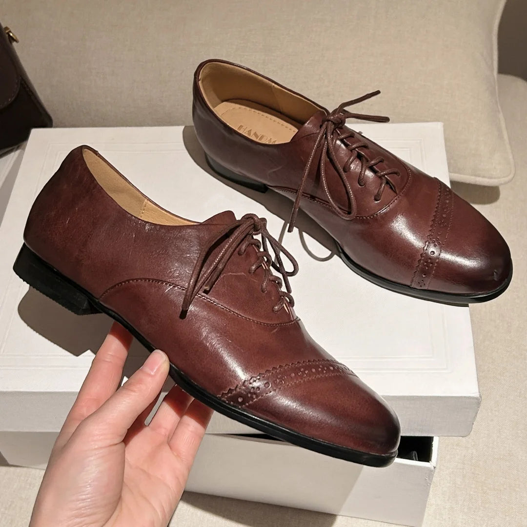 Women’s Cow Leather Carved Oxfords - British-Style Lace-Up Flats, Soft & Comfortable Espadrilles