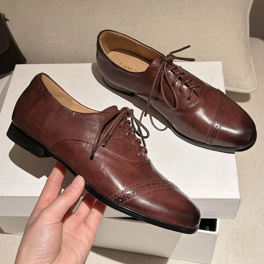 Women’s Cow Leather Carved Oxfords - British-Style Lace-Up Flats, Soft & Comfortable Espadrilles