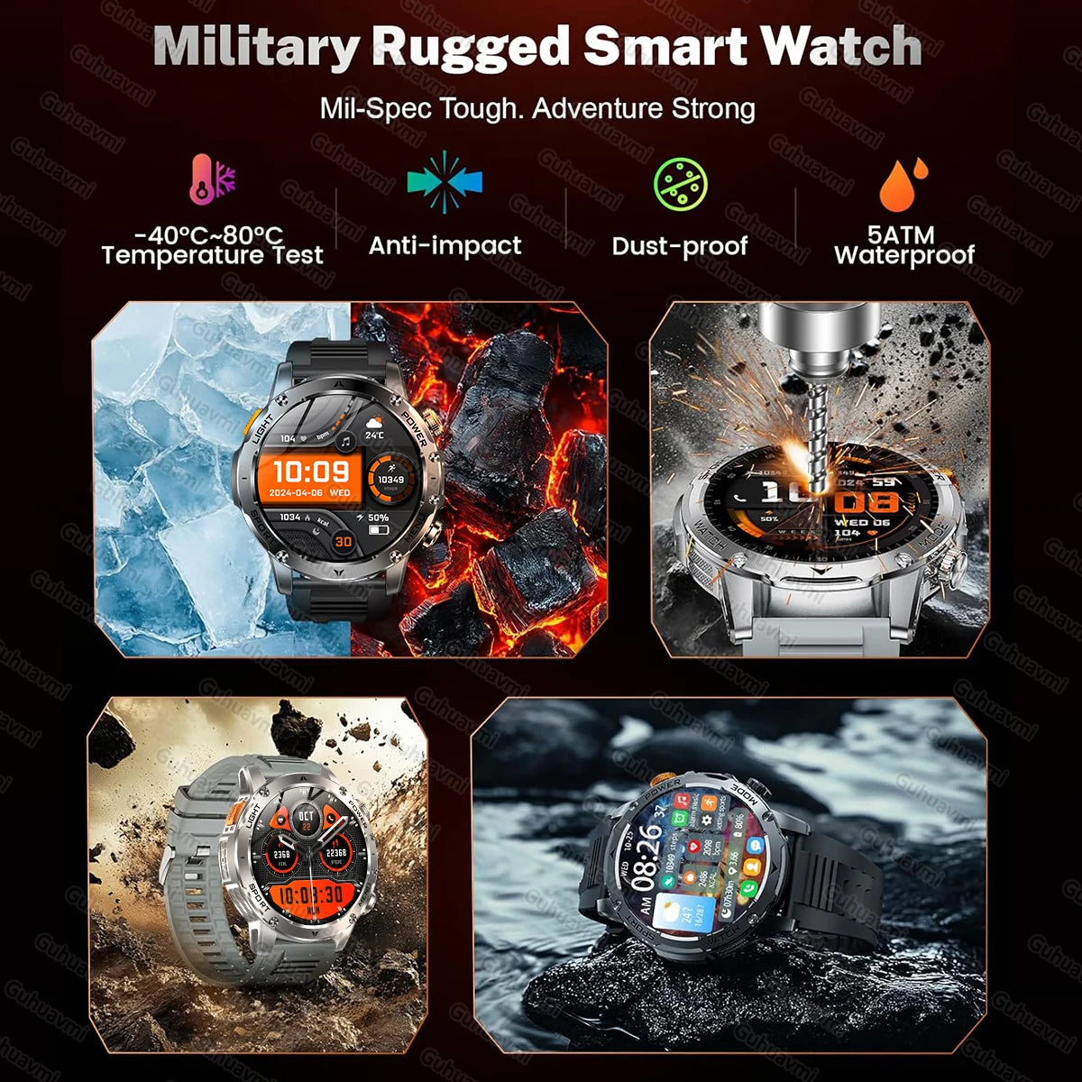 T-Rex 3 Military Smartwatch - 5ATM Waterproof, Heart Rate & Sports Tracker, 1000mAh Battery, Flashlight Feature for Men
