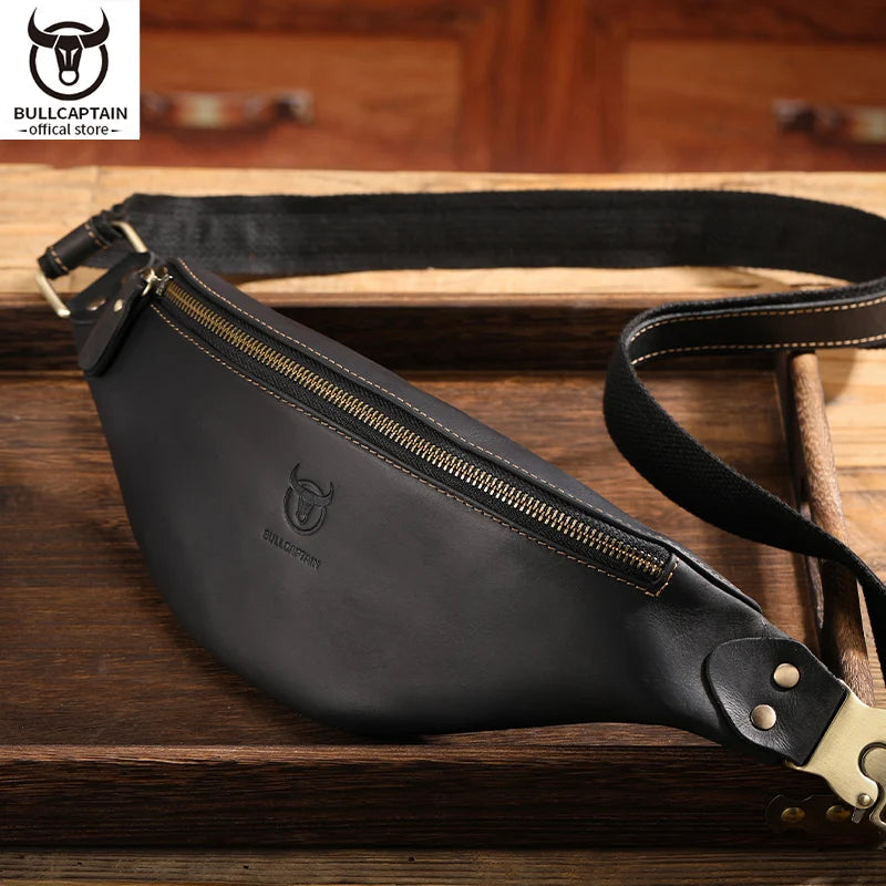 Bullcaptain Men’s Crazy Horse Leather Belt Bag | Retro Crossbody Outdoor Storage Mobile Phone Waist Pack